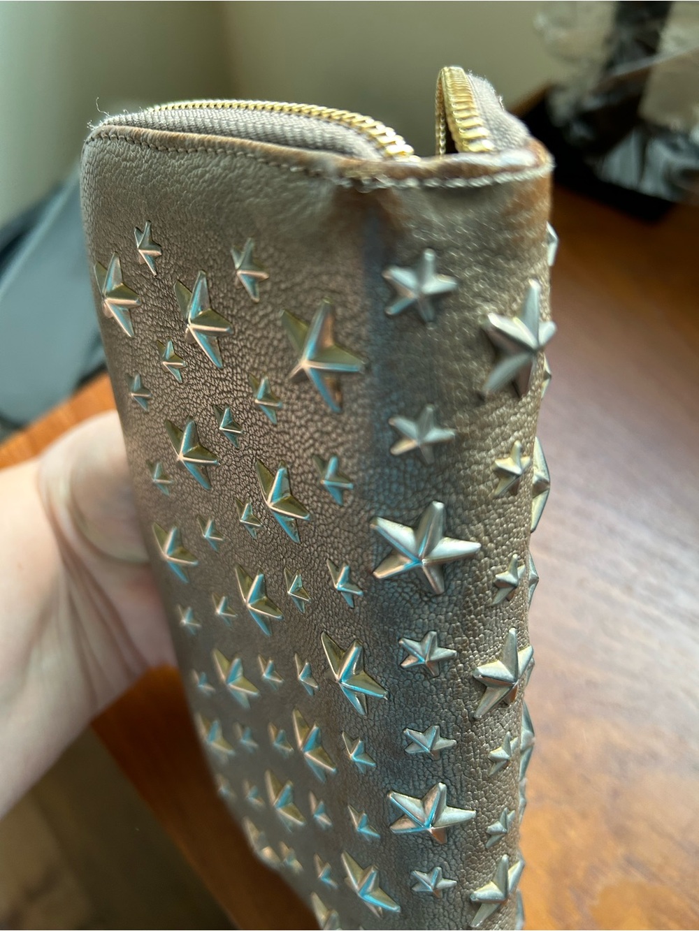 Jimmy Choo Filipa Metallic Silver Star-Studded Zip-Around Continental Wallet - Picture 9 of 14